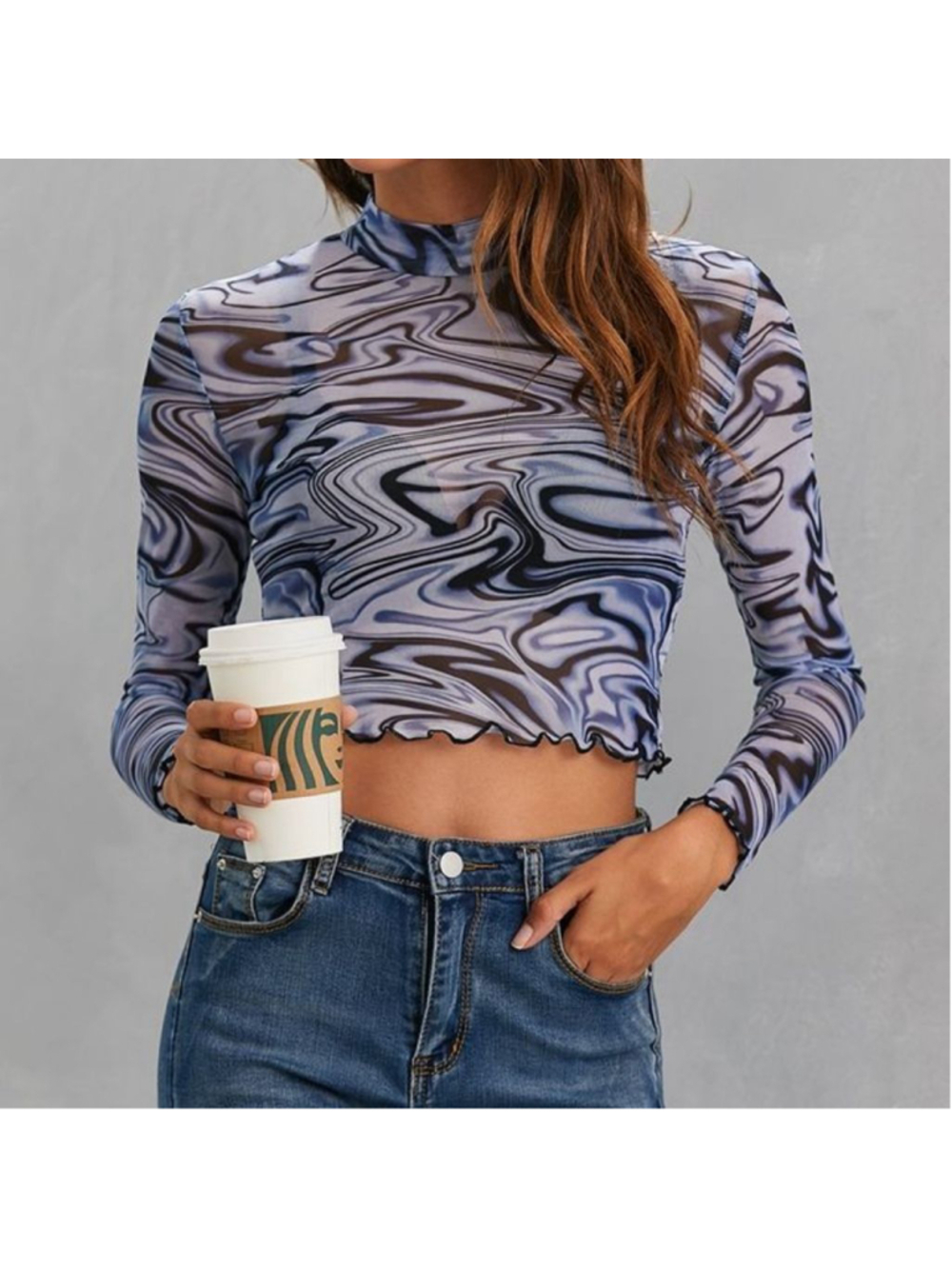 Women's Y2K Crop Top M Blue Black Swirl Sheer Mesh Long Sleeve Lightweight